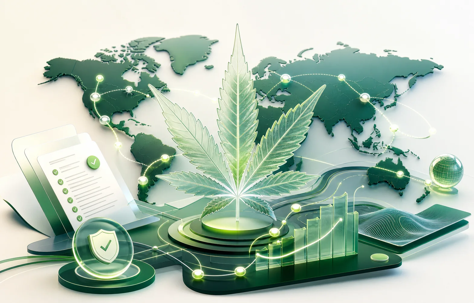 CBD 品牌在全球法规市场中连接产品教育、合规审查、地区本地化与自然搜索增长的抽象插画