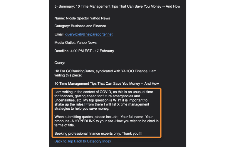 Help a Reporter Out (HARO) 的投稿请求，主题为“10个时间管理技巧帮助您节省资金”，包含提交要求和投稿截止日期
