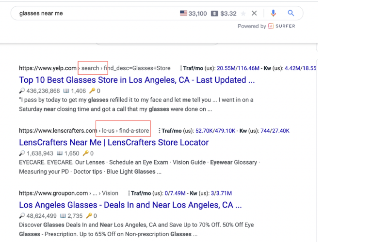 搜索关键词“glasses near me”的结果页面，显示洛杉矶地区眼镜店的推荐列表以及相关流量和关键词数据