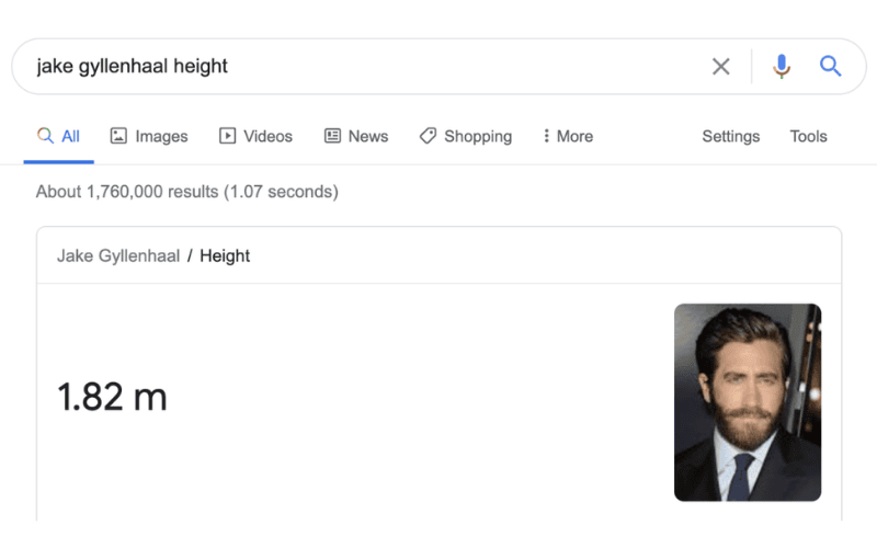 Google搜索结果页面显示Jake Gyllenhaal的身高信息