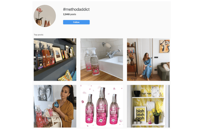 Instagram页面#methodaddict标签的展示,显示多个用户使用Method产品的图片。