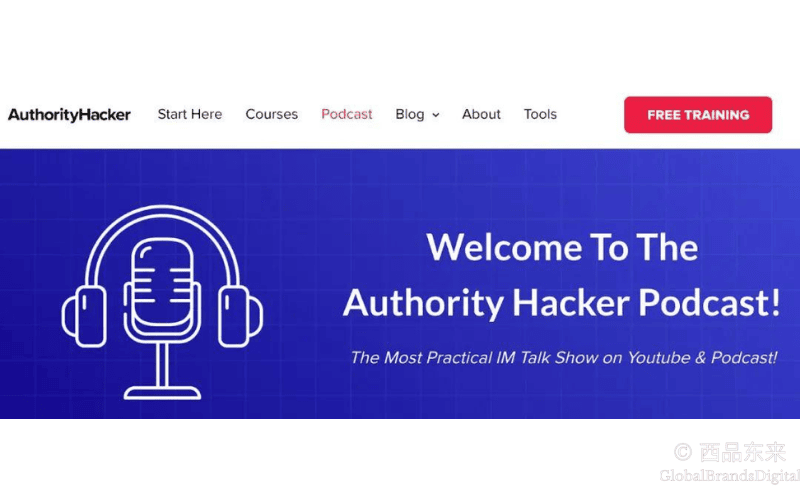 Authority Hacker播客页面，蓝色背景上有麦克风图标，文字欢迎用户收听关于网络营销的实用播客。