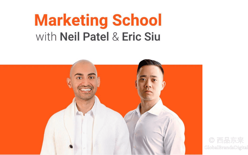 Marketing School播客页面，标题展示Neil Patel和Eric Siu合作主持的营销学校播客