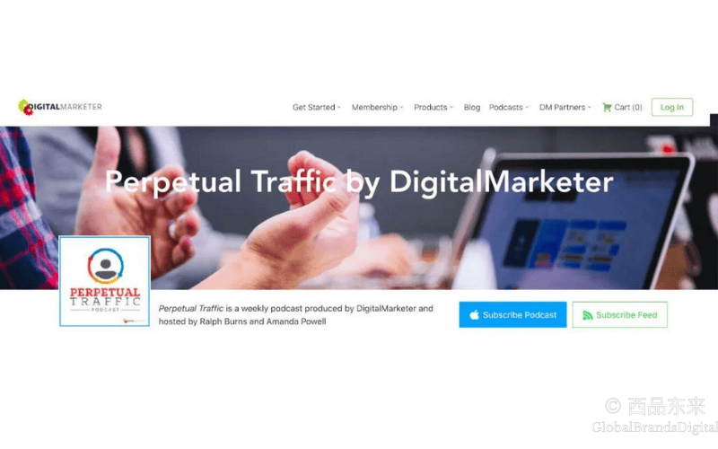 Perpetual Traffic播客页面，展示由DigitalMarketer制作的播客，主要关注流量优化，背景为办公场景。