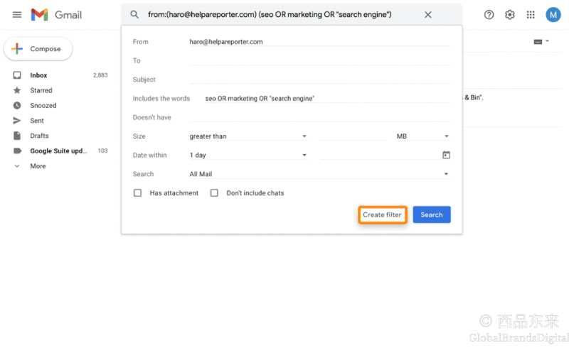 Gmail邮箱过滤器设置界面，显示如何搜索与SEO或营销相关的邮件