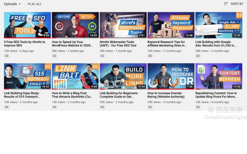 Ahrefs YouTube频道的上传视频列表，包含SEO工具、关键词研究和链接建设相关的视频教程