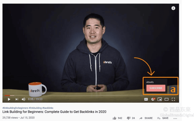 Ahrefs YouTube视频界面，右下角展示“订阅”按钮。