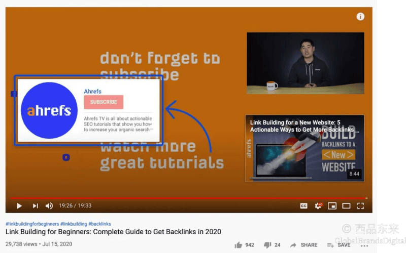 Ahrefs YouTube视频界面，展示“订阅”按钮。