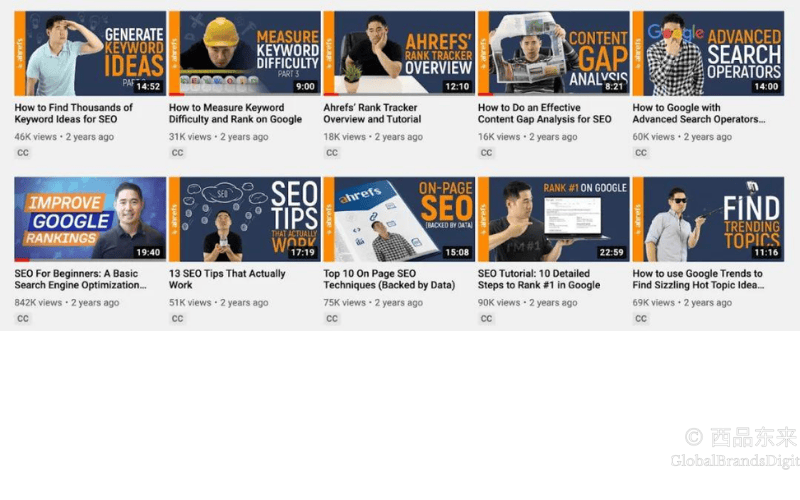 Ahrefs YouTube频道的视频列表，展示如何生成关键词创意、进行内容差距分析和提高谷歌排名的教程视频