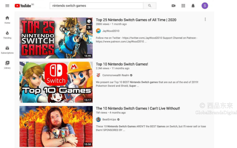 YouTube搜索界面，搜索关键词“nintendo switch games”，显示相关视频如“任天堂Switch游戏前25名”的推荐