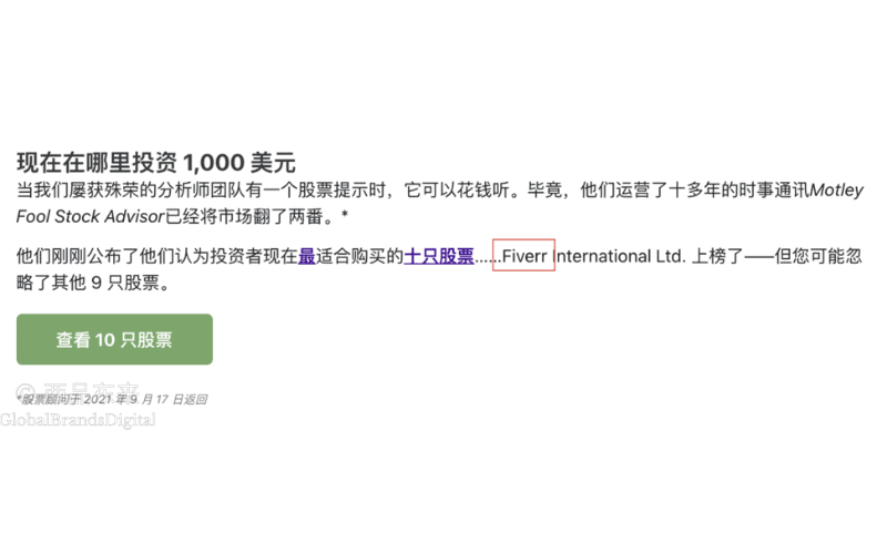 投资建议页面，介绍Motley Fool的分析师团队推荐的10只适合购买的股票，其中Fiverr International Ltd.上榜，并提供查看完整股票列表的按钮