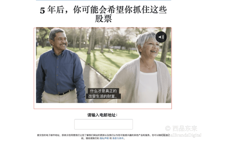 投资信息页面，标题为“5年后，你可能会希望你抓住这些股票”，显示一对老年人在公园散步的视频场景，并附有提交电子邮件地址的输入框