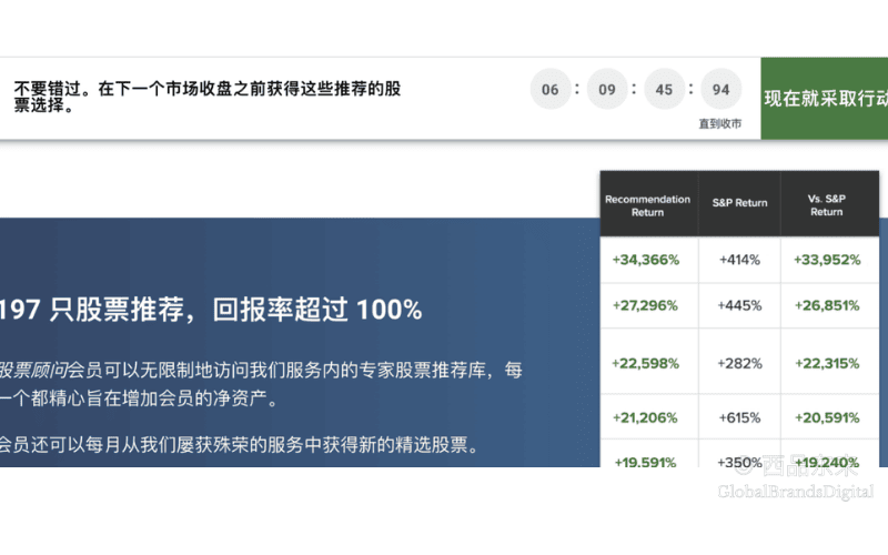 股票推荐页面，强调会员可以无限制访问专家推荐股票库，展示回报率超过100%的精选股票，并列出与S&P回报率的对比