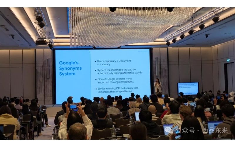一位演讲者在会议室中向听众展示关于谷歌同义词系统的幻灯片，观众们正在认真聆听和拍照。