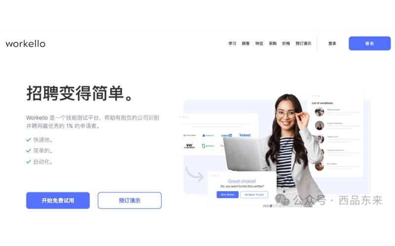 一个产品广告页面，左侧文字介绍Workello平台的招聘优势，右侧为一位微笑的女性，手持笔记本电脑，背后是招聘流程的示意图。