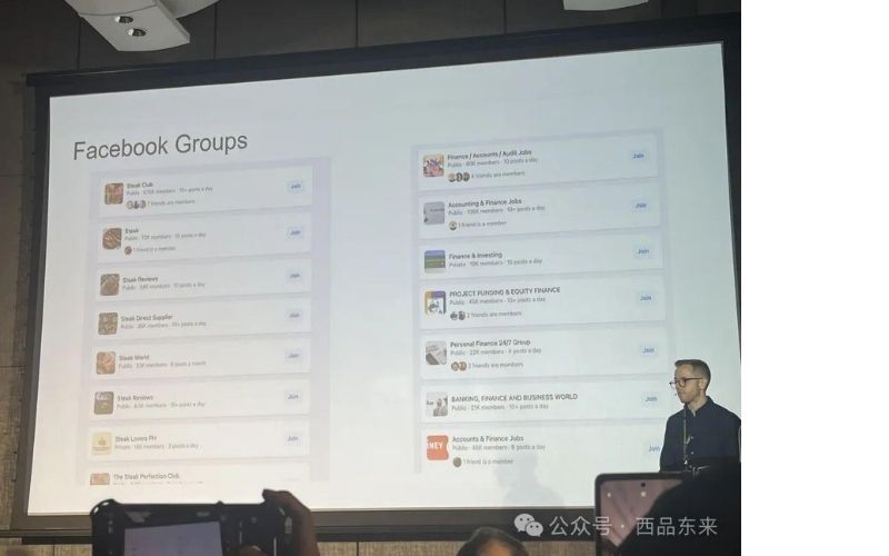 一个人在会议上展示投影屏幕，屏幕上显示多个Facebook群组的列表，群组名称包括与食品和金融相关的主题。