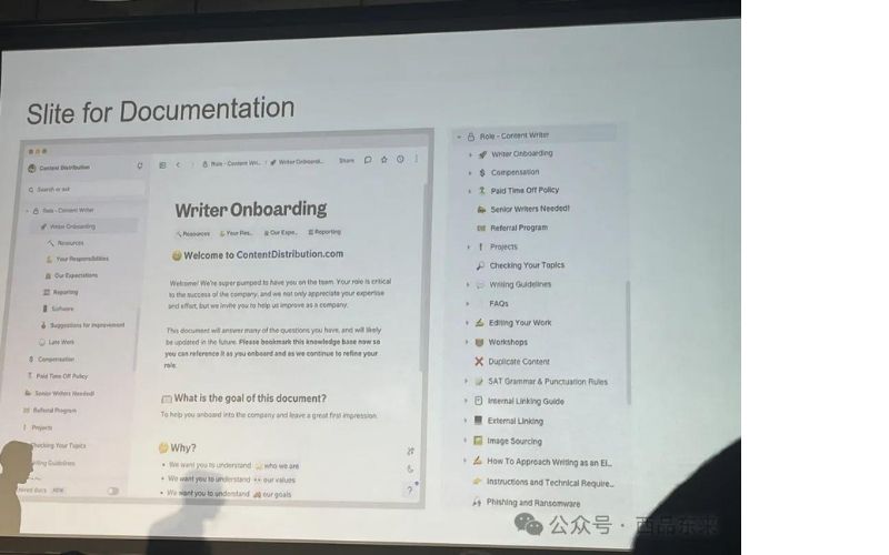 投影屏幕上的幻灯片展示了文档工具界面，标题为“Slite for Documentation”。界面中包含关于作者入职的文本内容和侧边栏的目录列表。