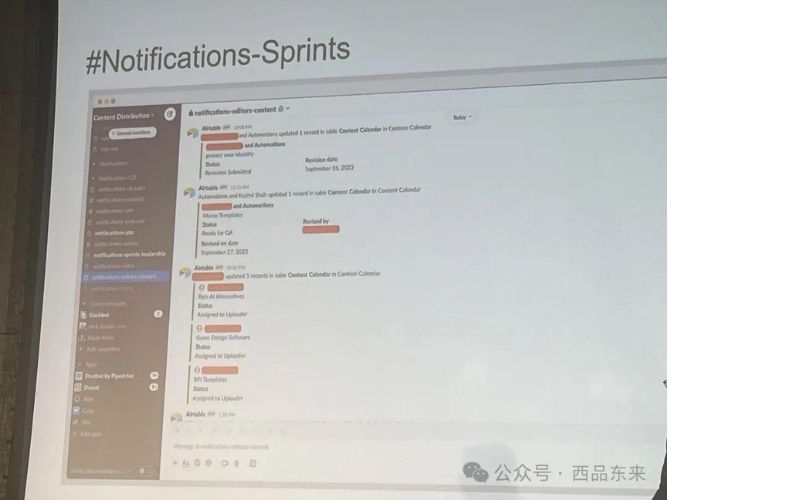 投影屏幕上展示了Slack频道中的工作通知，界面显示了多个关于内容日历更新的消息，带有时间戳和不同人员的更新记录。