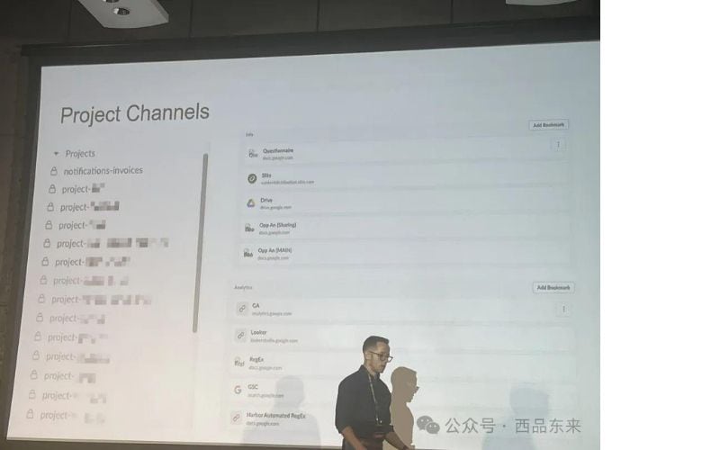 一个人在演示项目频道的幻灯片，屏幕上显示了一系列项目和相关信息。