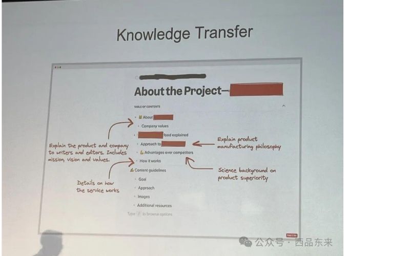 电脑屏幕上显示一个项目介绍的页面，标题为“About the Project”，旁边有手写笔记，标注了关于公司和产品的信息、小节包括“公司价值”、“如何运作”、“内容指南”等内容的详细说明以及科学背景和产品优越性的解释。
