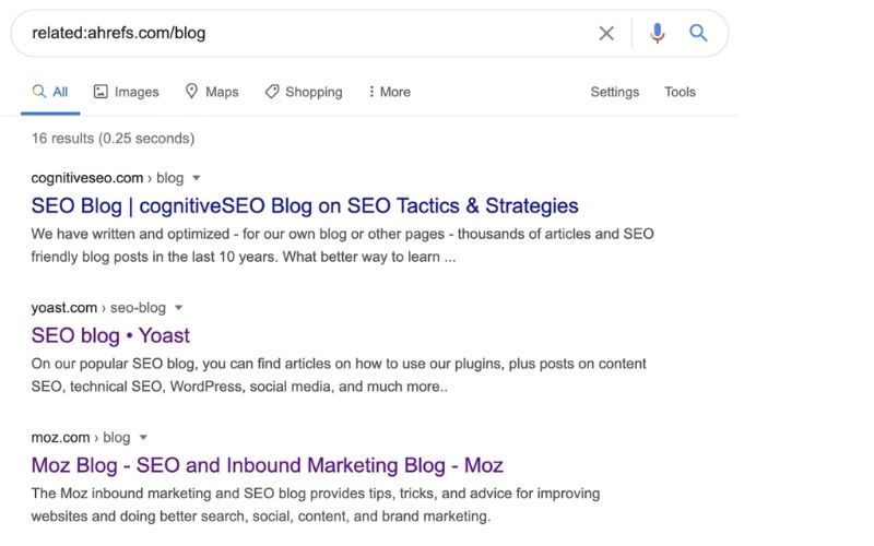搜索引擎结果页面，显示与ahrefs.com/blog相关的博客，包括cognitiveSEO、Yoast和Moz的SEO相关博客链接。