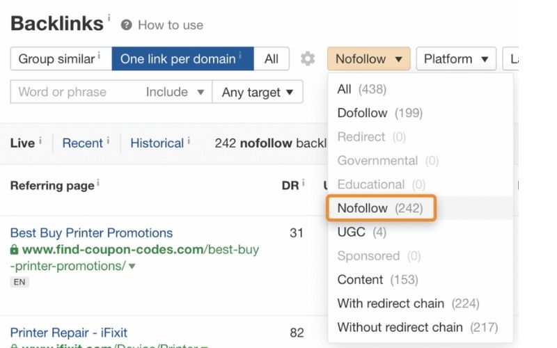 Ahrefs工具中关于反向链接的界面，显示为“nofollow”的链接共有242个。