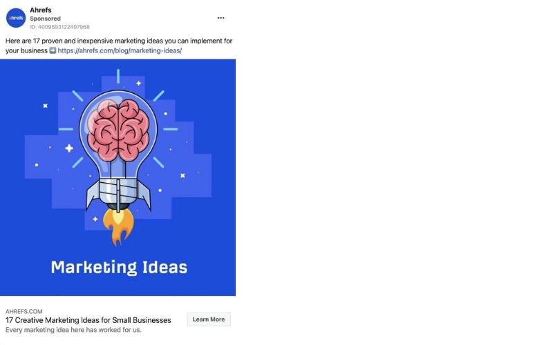 插图显示一个灯泡内有大脑的火箭图案,背景为蓝色,下面有文字“Marketing Ideas”。