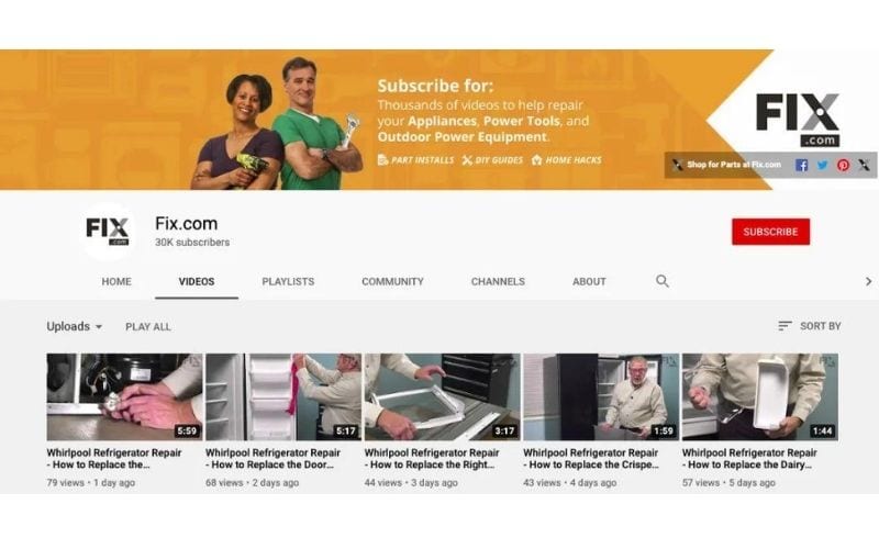 Fix.com的YouTube频道页面截图,顶部有产品维修视频的订阅广告,下方显示多个关于冰箱维修的视频缩略图。