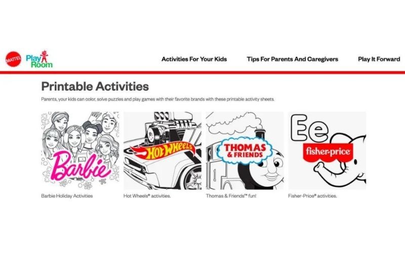 Mattel Playroom网站的打印活动页面,提供Barbie、Hot Wheels、Thomas & Friends及Fisher-Price的活动插图。