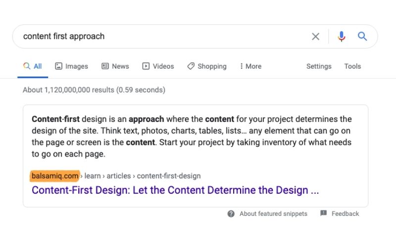 谷歌搜索页面,搜索关键词为“content first approach”,显示一条来自balsamiq.com的搜索结果,描述了以内容为先的设计方法。