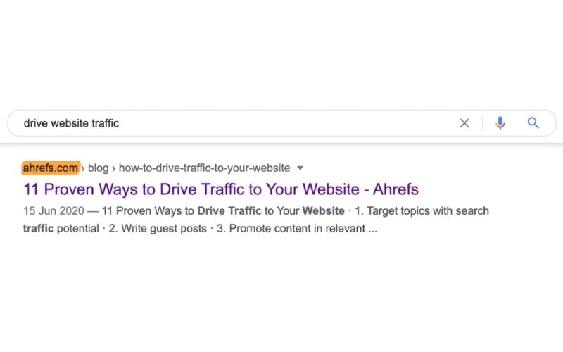 搜索引擎结果页面,显示关键字“drive website traffic”的搜索结果,第一项是Ahrefs的博客文章,标题为“11 Proven Ways to Drive Traffic to Your Website”。