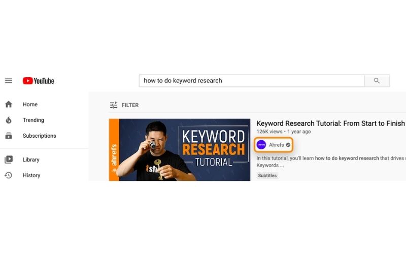 YouTube搜索界面,关键词为“how to do keyword research”,下方显示一个教程视频,标题为“Keyword Research Tutorial: From Start to Finish”,由Ahrefs发布,已获得126K浏览。