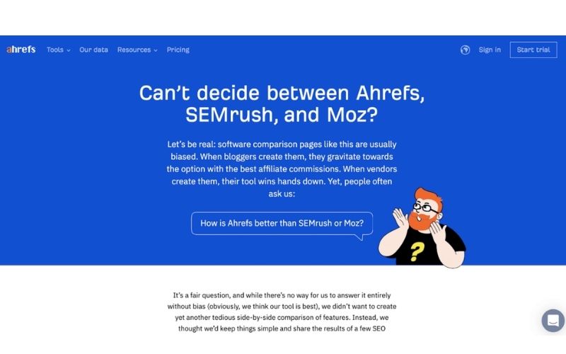 蓝色背景的网页截图,显示Ahrefs相关信息,比较Ahrefs、SEMrush和Moz三个软件。页面上有插图和介绍文字。
