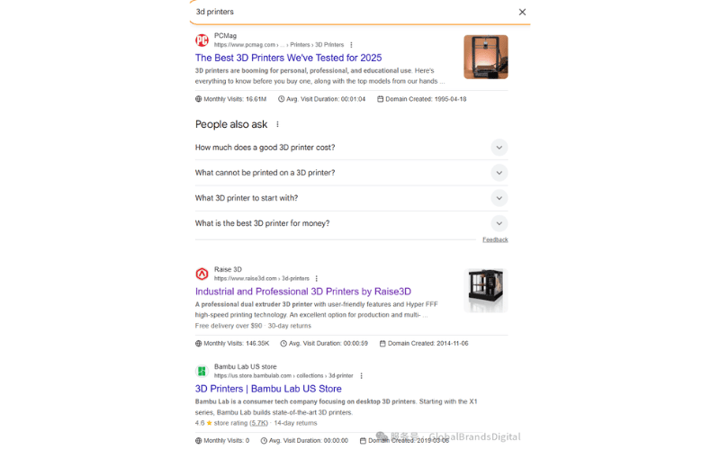 Google 搜索 “3d printers” 结果页,展示 PCMag、Raise3D 和 Bambu Lab 等网站排名情况。