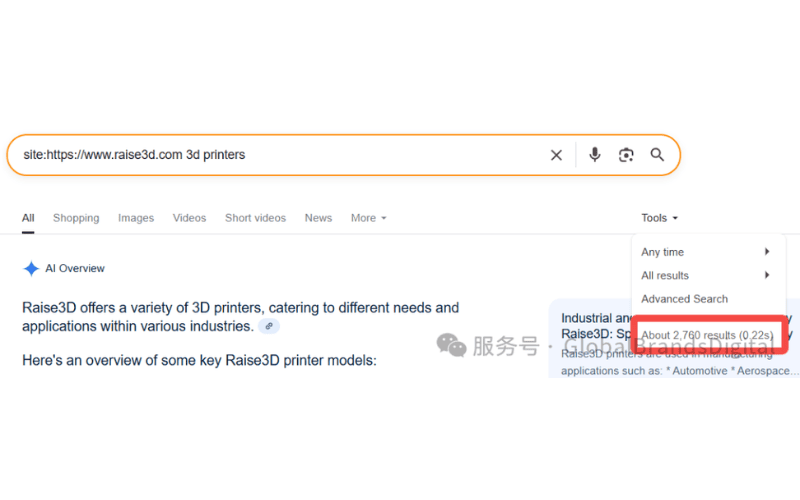 Google 搜索 site:raise3d.com 3d printers 的结果,显示约 2760 条收录结果。
