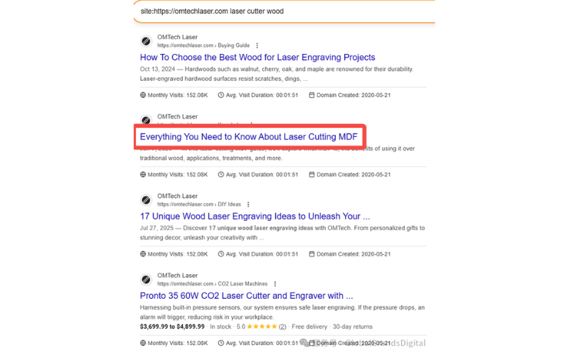 Google 搜索 site:omtechlaser.com laser cutter wood 的结果,展示关于激光切割木材的文章与排名。