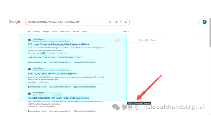 Google 搜索结果高亮显示选中区域,提示可复制 11 个 URL 到剪贴板。