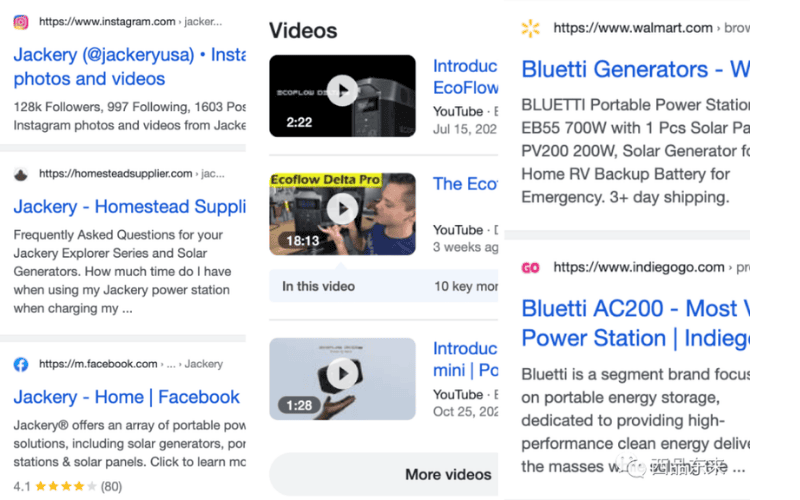 Jackery、EcoFlow和Bluetti品牌的社交媒体和视频内容展示，包括Instagram、Facebook、YouTube以及电商平台上的产品信息。
