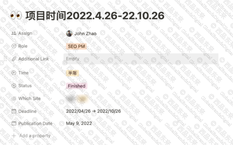 项目时间和任务状态表,显示John Zhao担任SEO PM的角色,项目时间为2022年4月26日至2022年10月26日,任务状态为“完成”
