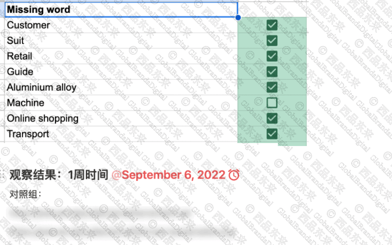 缺失词汇检查表,列出“Customer”、“Retail”、“Online shopping”等词汇,并标记是否通过检查。