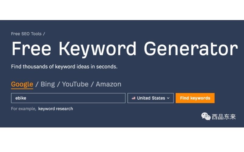"Free Keyword Generator"工具界面,用户可以输入关键词“ebike”并选择国家,点击“Find keywords”按钮进行搜索。