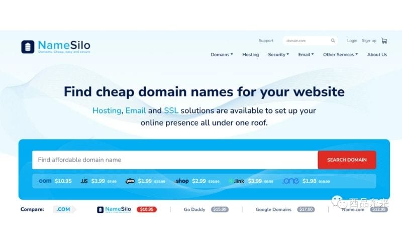 NameSilo网站主页截图,展示域名搜索栏和不同域名后缀的价格比较。