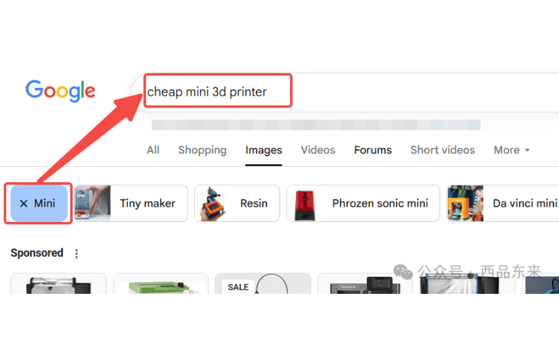 Google图片搜索页面,搜索关键词为“cheap mini 3d printer”,界面上方有多个相关搜索选项。