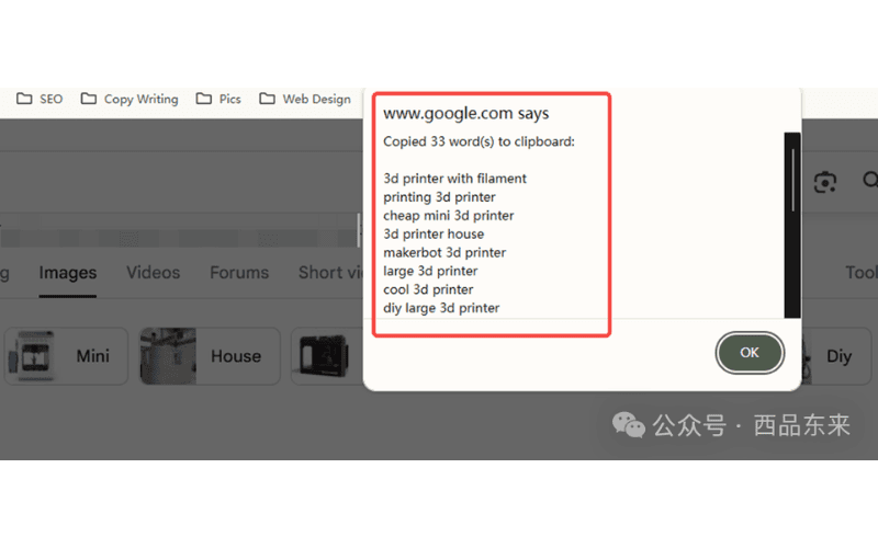 弹出框显示从www.google.com复制了33个字到剪贴板,内容包括3D打印机相关关键词列表。