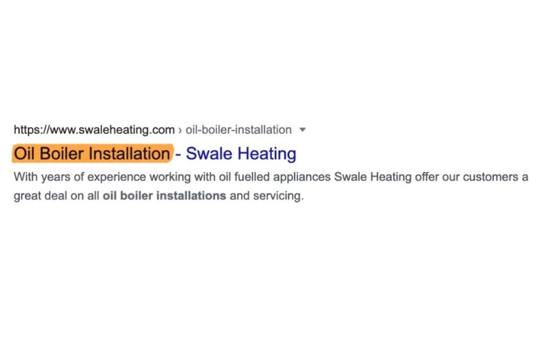 显示了一条关于“Oil Boiler Installation - Swale Heating”的搜索结果，网址为“https://www.swaleheating.com/oil-boiler-installation”，并包含关于公司多年油锅炉安装和维护经验的描述。