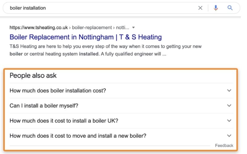 搜索结果页面，查询关键词为“boiler installation”。结果包括一个网站链接“Boiler Replacement in Nottingham | T & S Heating”。下方有一个“People also ask”框，列出了几个相关问题，如“安装锅炉的费用是多少？”