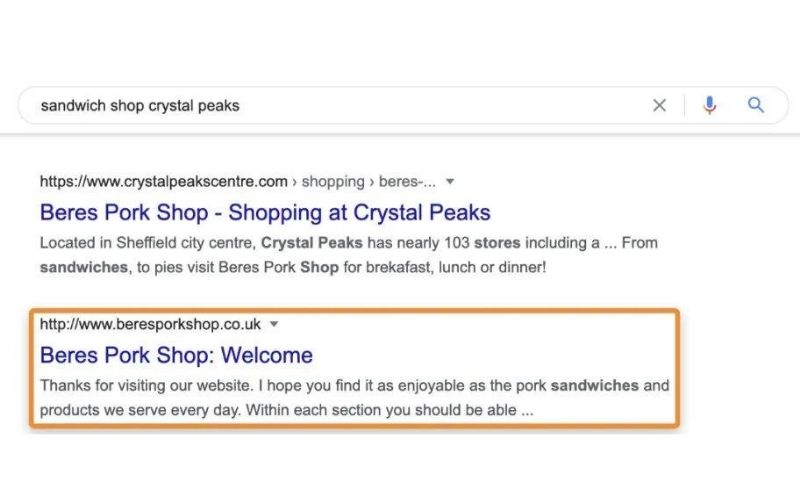 显示谷歌搜索结果页面，搜索关键词为“sandwich shop crystal peaks”。第一页显示了“Beres Pork Shop”在Crystal Peaks的相关信息，包括其网站链接和简要描述。