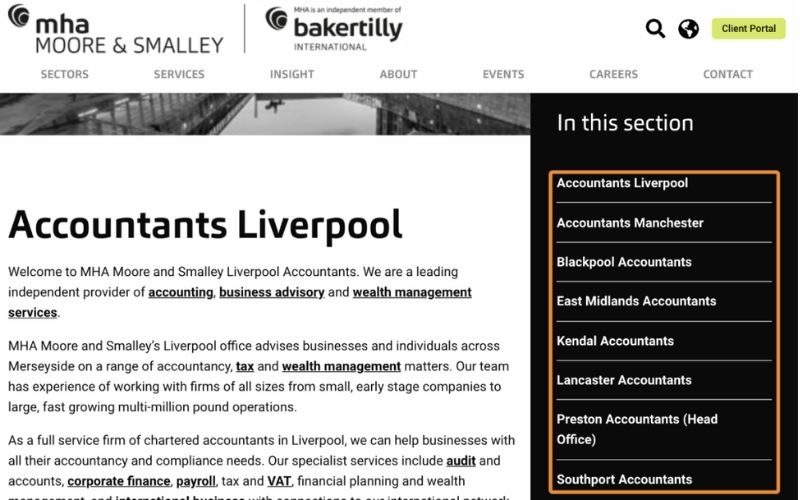 网页截图显示标题为“Accountants Liverpool”的会计公司介绍，页面上方有导航链接和公司标志，右侧有多个城市的会计分公司链接列表。