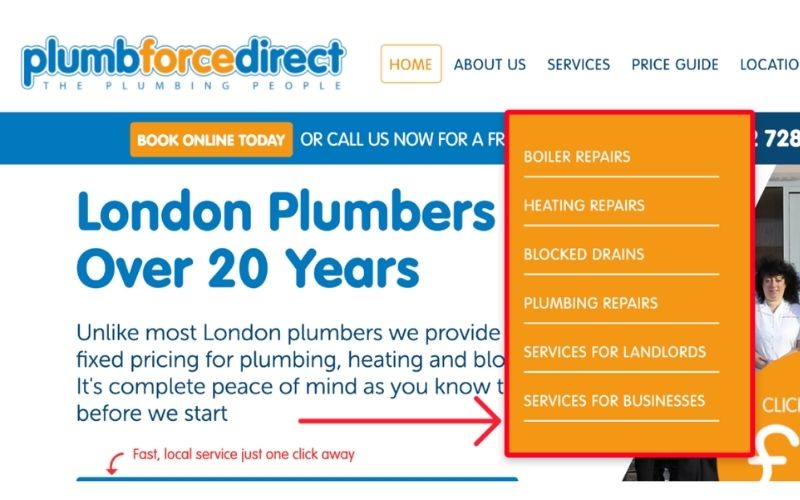 网页截屏显示了“Plumbforce Direct”的主页部分，包含公司标志、服务项目菜单以及电话联系信息。右侧是一个服务项目下拉菜单，其中列出了锅炉维修、供暖维修、下水道堵塞、管道维修、房东服务、企业服务等选项。整体风格简洁，突出公司在伦敦提供超过20年服务的经验。
