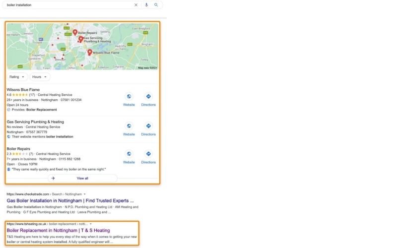 Google 搜索页面的截图，搜索关键词为“boiler installation”。页面上显示地图定位和相关的公司信息，包括Wilsons Blue Flame、Gas Servicing Plumbing & Heating、Boiler Repairs等公司的名称、评分、地址以及联系方式。下方显示网站搜索结果，其中一个链接为“T & S Heating”的锅炉更换服务。